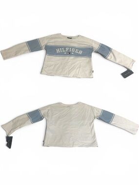 Tommy Hilfiger Cream Long-Sleeve Tee with Light Blue Chest Stripe